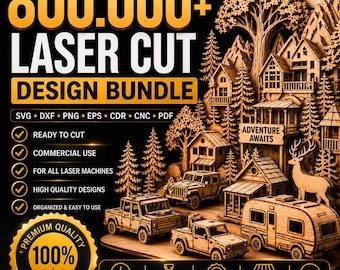 May include: A laser cut design bundle with the text "800,000+ LASER CUT DESIGN BUNDLE". The image features a wooden diorama of houses, trees, vehicles, and a deer. The text "Adventure Awaits" is also visible.