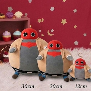 May include: Three plush toys of a character with a red head, black eyes, a grey torso with a red emblem, and a tan jacket. The sizes are 30cm, 20cm, and 12cm. The sizes are displayed on the image.