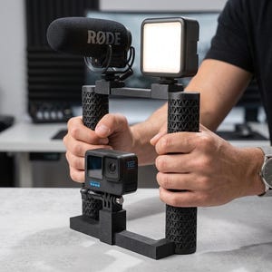 May include: A black video rig with a GoPro camera, a Rode microphone, and a small LED light. The rig has two textured handles and is held by a person. The GoPro has the number 12 on it.