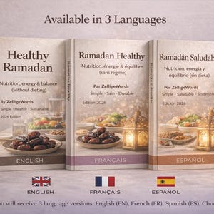 May include: Three books titled "Healthy Ramadan" in English, French, and Spanish. Each book cover features a plate of dates and other foods. The English version is on the left, the French in the middle, and the Spanish on the right.