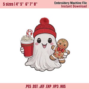 Christmas Ghost with Iced Coffee and Gingerbread Embroidery Design, Merry Christmas Embroidery File, Holiday Season, 5 sizes