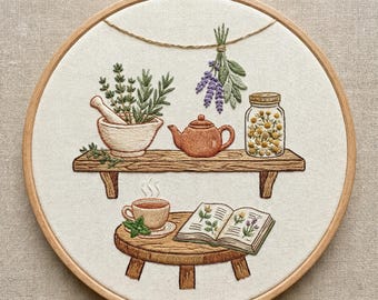 Herbal Apothecary & Tea Time Embroidery Kit - Vintage Botanical DIY Craft