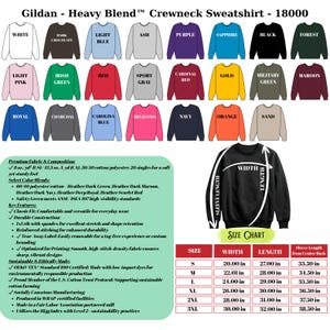 Puede incluir: Una sudadera de cuello redondo Gildan Heavy Blend en varios colores, incluyendo blanco, negro y rojo. La imagen muestra una tabla de tallas con medidas en cm. La sudadera est&aacute; hecha de una mezcla de algod&oacute;n y poli&eacute;ster.