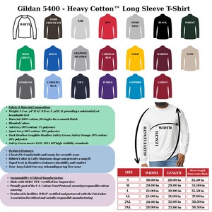 Puede incluir: Camisetas de manga larga Gildan 5400 Heavy Cotton en varios colores, incluyendo blanco, negro y rojo. Caracter&iacute;sticas: corte cl&aacute;sico, cuello y pu&ntilde;os acanalados, cuello encintado. Disponibles en tallas S a 3XL, con anchos de 45,7 a 71,1 cm.