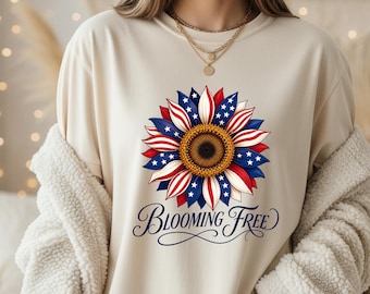 Camiseta Comfort Colors con girasoles patrióticos, camiseta con la bandera estadounidense "Floreciendo Libre", camiseta para mujer del 4 de julio, regalo patriótico de flores silvestres de EE. UU.