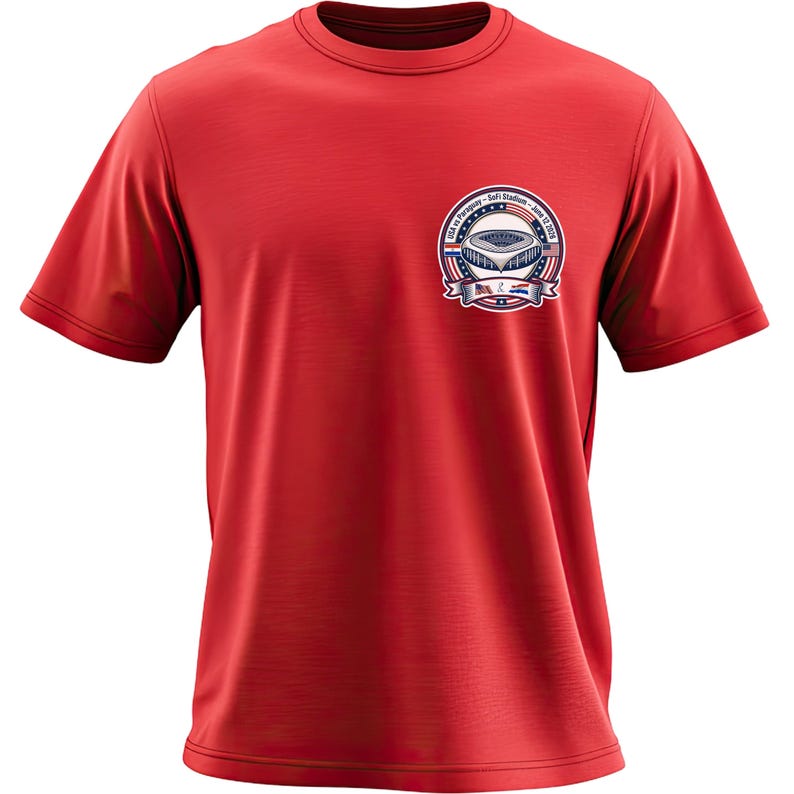 Red t-shirt mockup with a small chest emblem featuring a circular soccer badge design. The graphic includes a stadium, stars, and text referencing USA vs Paraguay at SoFi Stadium, June 12, 2026. Clean front view highlighting a minimalist sports fan tee with patriotic red, white, and blue elements, perfect for soccer events and match day wear.