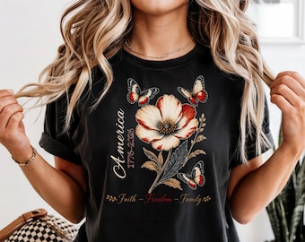 Camiseta floral del 250 aniversario de EE. UU., camiseta Comfort Colors 1776-2026, camiseta patriótica de flores silvestres del 4 de julio, camisetas de libertad para madre e hija, estilo bohemio para mujer.