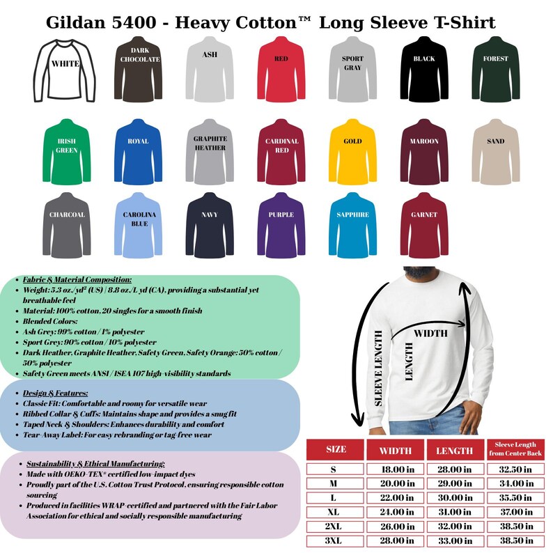 Puede incluir: Camisetas de manga larga Gildan 5400 Heavy Cotton en varios colores, incluyendo blanco, negro y rojo. Las camisetas est&aacute;n disponibles en tallas S a 3XL, con medidas de ancho, largo y largo de manga.