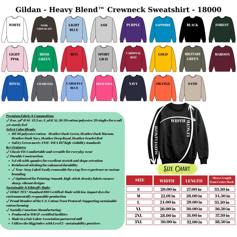 May include: A Gildan Heavy Blend crewneck sweatshirt in various colors, including white, black, and red. The image displays a size chart with measurements in inches. The sweatshirt is made of a cotton-polyester blend.