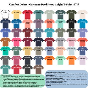May include: A display of Comfort Colors garment-dyed heavyweight t-shirts in various colors, including white, black, and blue. The image showcases a wide range of hues, from pastels to vibrant shades, with each shirt neatly arranged. The text "Comfort Colors" is visible.