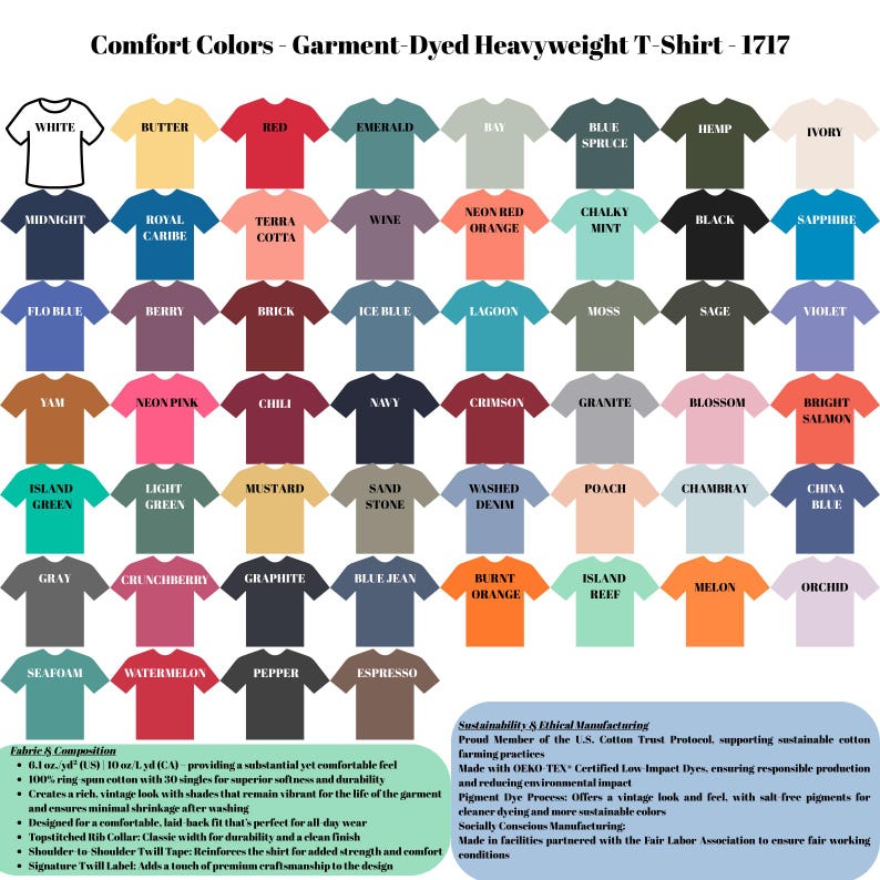 May include: A display of Comfort Colors garment-dyed heavyweight t-shirts in various colors, including white, black, and blue. The image showcases a wide range of hues, from pastels to vibrant shades, with each shirt neatly arranged. The text "Comfort Colors" is visible.