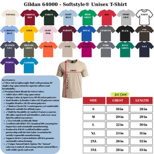 Puede incluir: Camiseta unisex Gildan 64000 Softstyle en varios colores, incluyendo rojo, azul y verde. La tabla de tallas muestra medidas de pecho de 45,7 a 71,1 cm y largos de 71,1 a 83,8 cm.