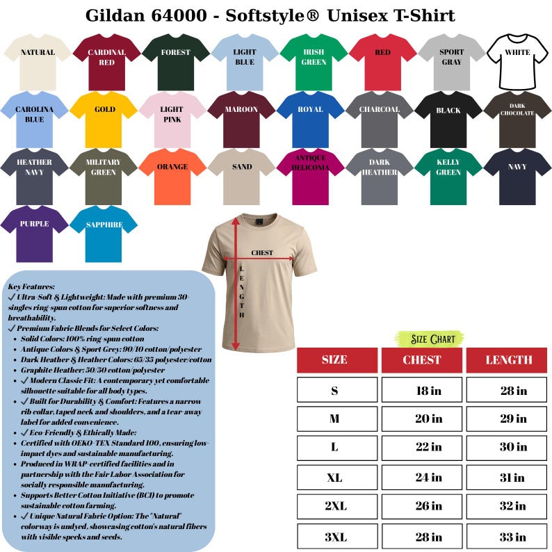 Puede incluir: Camiseta unisex Gildan 64000 Softstyle en varios colores, incluyendo rojo, azul y verde. La tabla de tallas muestra medidas de pecho de 45,7 a 71,1 cm y largos de 71,1 a 83,8 cm.