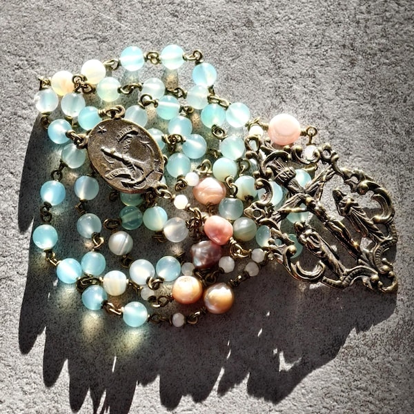 Stella Maris Handmade Rosary, Anchor, Blue Agate and Pearl