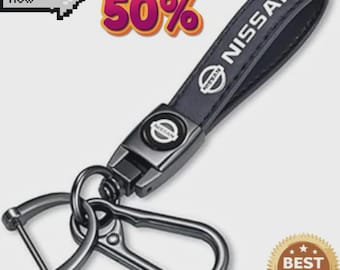 Nissan Black Leather Keychain with Metal Medallion – Durable Key Ring