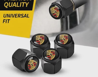 5 Pcs Porsche Black Valve Aluminium Stem Caps with Coloured Crest Set