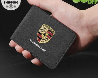 Porsche Bifold Wallet – Black Suede Car Enthusiast Accessory (10.5 cm x 8 cm)