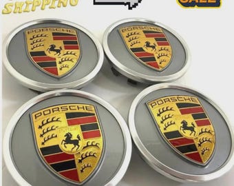 Porsche 76mm Gloss Grey Wheel Center Caps – Silver Crest Hub Covers (Set of 4)
