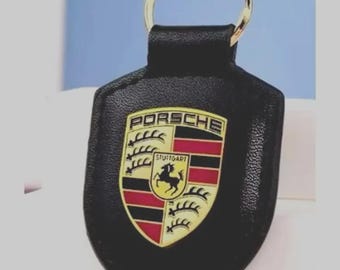 Porsche Crest Keyring Key Chain Leather Black Exquisite Set Gift Box