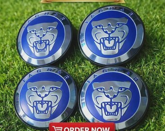 Set of 4 Blue Jaguar Wheel Center Caps – 59mm Alloy Rim Hub Covers