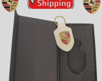 Porsche Crest Keyring Key Chain Leather Silver Exquisite Set Gift Box