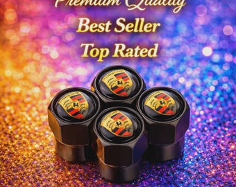 Porsche Black Valve Aluminium Stem Caps with Coloured Crest Set 4 Pcs