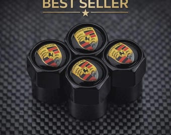 Porsche Black Aluminium Valve Stem Caps – Coloured Crest / Set of 4 Wheel Cap Accessories