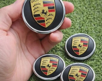 Porsche Wheel Center Caps 76mm: Gloss Black, Silver Crest (Set of 4)