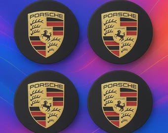 Porsche Wheel Center Caps: 76mm Black Alloy Rim Emblem (Set of 4)