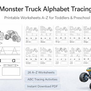 May include: A set of printable alphabet tracing worksheets for toddlers and preschool children. The worksheets feature uppercase and lowercase letters, tracing guides, and illustrations of monster trucks. The image also includes a colorful monster truck.