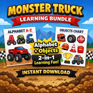 May include: A Monster Truck Learning Bundle graphic with the text "Monster Truck Learning Bundle". The image includes alphabet and object charts, monster truck illustrations, and the text "Instant Download".