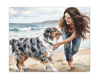 キャンプ用のキャンバスを着たオーストラリアンシェパード、ブルーマール、茶毛のメス、ビーチにて | Dog Canvases