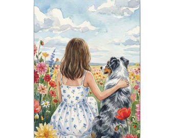 オーストラリアンシェパードのキャンバスプリント、野の花のフィールドアート