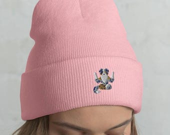 オーストラリアンシェパードヨガ刺繍入りカフスビーニー