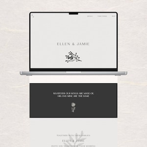 Może przedstawiać: Laptop wyświetla projekt zaproszenia ślubnego z imionami "ELLEN & JAMIE" i motywem kwiatowym. Poniżej wydrukowane zaproszenie powtarza imiona, szczegóły wydarzenia i cytat: "WHATEVER OUR SOULS ARE MADE OF. HIS AND MINE ARE THE SAME."