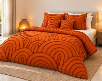 Burnt Orange Tufted Duvet Cover Set, Boho Arch Bedding, Cotton, Luxury Bedroom Decor, Pillowcases