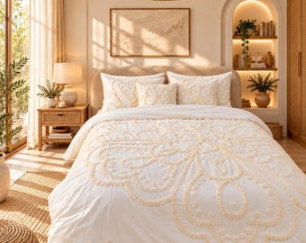 Ivory Tufted Duvet Cover, Boho Bedding Set, Tufted Floral Bed covers in Zipper Closure