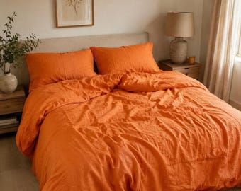 Bettwäsche-Set in Orange, weiche Leinenbettwäsche für minimalistisches und Boho-Dekor