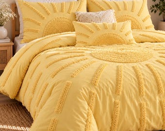 Pastel Yellow Tufted Duvet Cover Set, Boho Cotton Bedding, Handmade Bedroom Decor