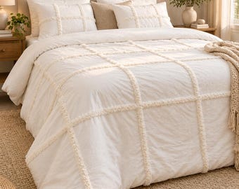 Luxury Ivory Tufted Duvet Cover, Boho Bedding Set, Textured Grid Comforter, Elegant Bedroom Decor