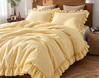 Pastel Yellow Linen Ruffle Duvet Cover, 100% Soft Flax Linen Bedding