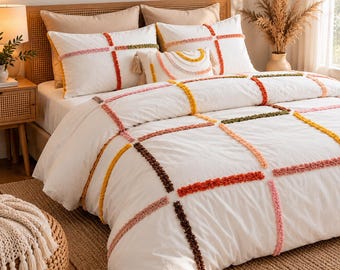 Boho Tufted Duvet Cover Set, Handmade Cotton Bedding with Matching Pillowcase