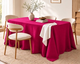 Magenta Pink Cotton Tablecloth, Solid Farmhouse Dining Cover, Washable Kitchen Linen