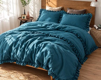 Teal Linen Duvet Cover Set, Ruffled Bedding, 100% Flax Linen, Boho Bedroom Decor