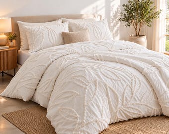 Luxury White Tufted Duvet Cover Set, Textured Cotton Bedding, Modern Boho Bedroom Decor, Handmade