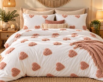 Handmade White Cotton Duvet Cover Set, Blush Pink Tufted Hearts, Boho Zipper Closure