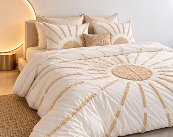 Boho Sunburst Tufted Duvet Cover Set, Ivory Cotton Bedding, Handmade Textured Comforter, Luxury Bedroom
