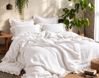 Funda nórdica de lino blanco con volantes, ropa de cama bohemia rústica hecha a mano.