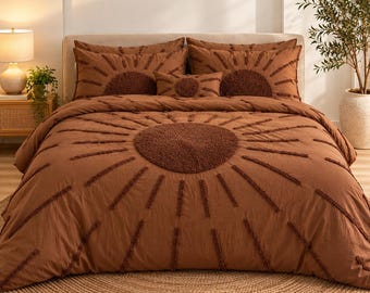 Luxury Brown Tufted Duvet Cover Set, Cotton Bedding, Handmade Boho Bedroom Decor