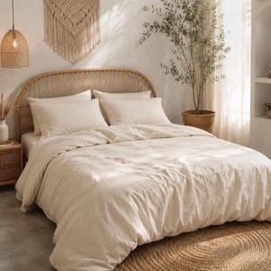 Boho Linen Fabric Duvet Cover, Cream Washed Bedding Set With Two Pillow Shams